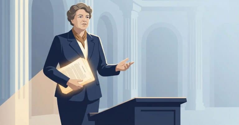 Vector illustration of Eleanor Roosevelt stepping forward in a formal hall while holding human rights documents, symbolizing her leadership as First Lady and lifelong advocacy for racial justice, women’s equality, and international cooperation