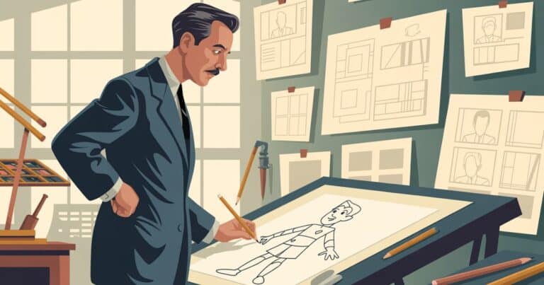 Vector illustration of Walt Disney standing at a drafting table in an early animation studio, studying storyboards under warm studio lighting, symbolizing creativity, innovation, and the foundation of The Walt Disney Company