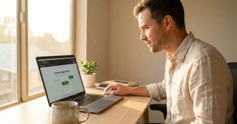 Digital creator confidently registering a domain name on laptop in bright home office