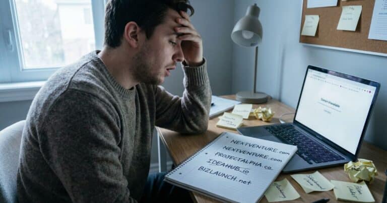 Frustrated entrepreneur brainstorming domain names in home office surrounded by crossed-out ideas