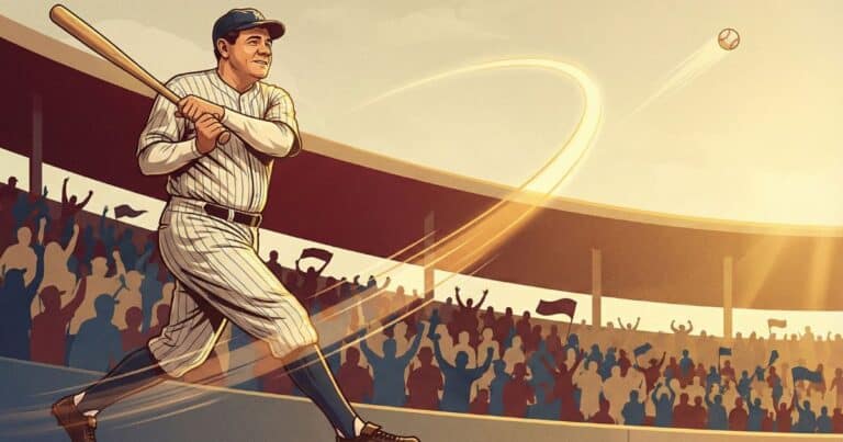 Babe Ruth vector illustration mid home run swing in 1927 baseball stadium, dynamic editorial graphic with warm vintage lighting and crowd background