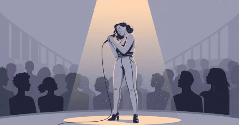 A talented female performer stands center stage after finishing a performance, holding a microphone loosely at her side as she slightly bows her head in gratitude toward a soft abstract audience.