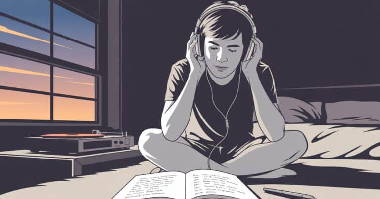 Vector illustration of a young music listener writing in a notebook while listening to vinyl at dusk, inspired by reflective Mac Miller quotes and lyrical influence.