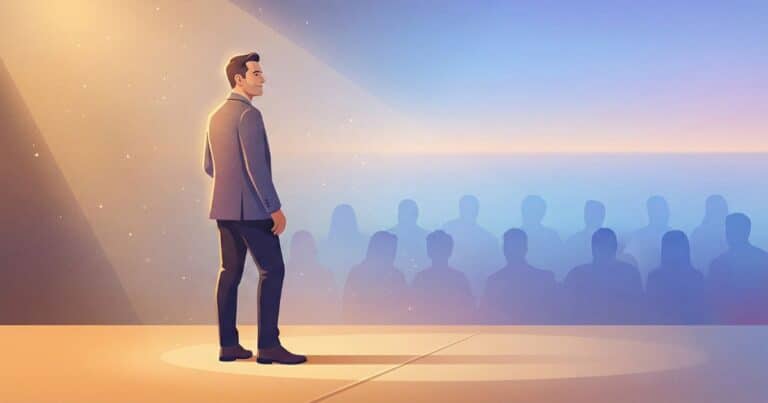Modern vector illustration of a confident speaker standing on a stage after a powerful motivational speech, warm spotlight lighting and minimalist auditorium background symbolizing inspiration, growth, and personal transformation inspired by Matthew McConaughey quotes.