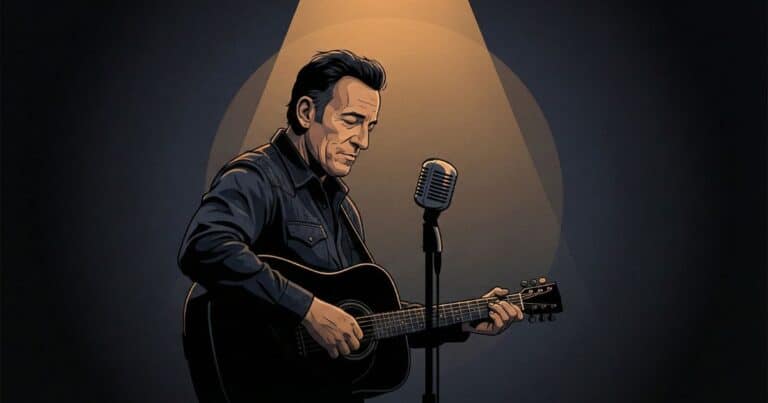 Vector illustration of legendary American country singer performing under warm stage spotlight with vintage microphone, minimalist editorial concert design.