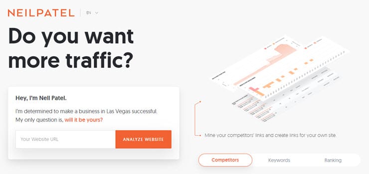 Screenshot of Neil Patel's digital marketing blog with main headlines asking, "Do you want more traffic?"