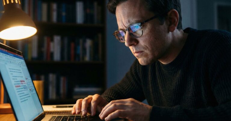 Close-up of writer editing blog post on laptop, focused expression, AI content editing process, late-night content refinement