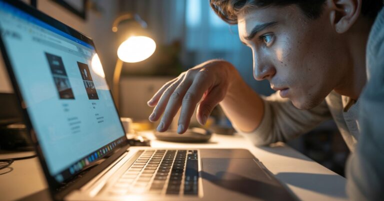 Entrepreneur staring at laptop at night with hands hovering over keyboard, symbolizing the difference between copywriting and content writing in digital marketing strategy