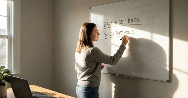 Beginner freelance writer setting goals on whiteboard in minimalist home office with warm natural light