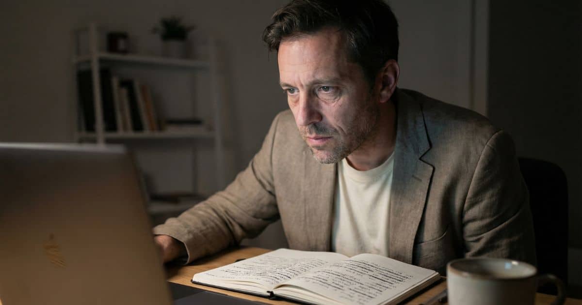 content creation burnout, male creator rewriting caption at night desk with laptop glow and notebook drafts