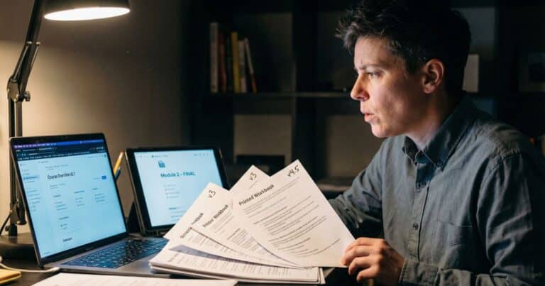 Course creator reviewing mismatched workbook and video lesson versions at night in home office workspace.