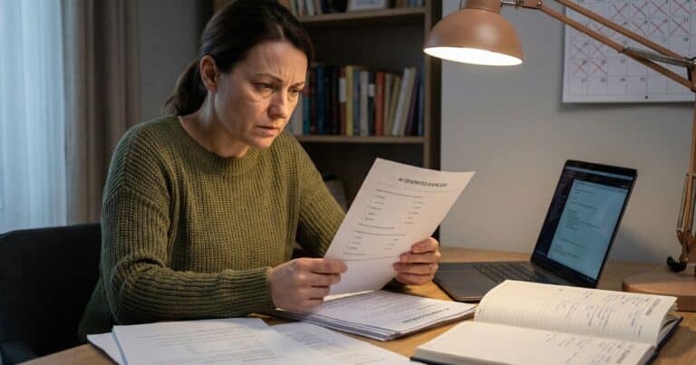 Spanish teacher reviewing mismatched AI worksheets at desk under warm lamp light in home workspace