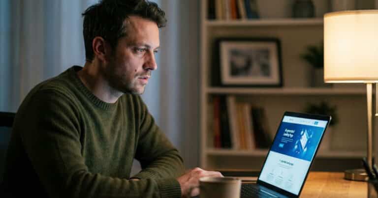 AI landing page conversion problem, founder reviewing robotic sales copy at night desk