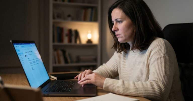 AI writing strategy tension as female writer pauses at laptop in dim home office at night