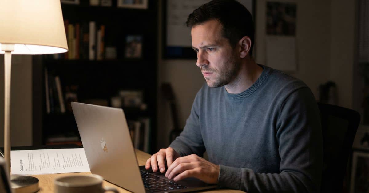 AI-generated social posts disconnect from course outline as creator reviews messaging at desk