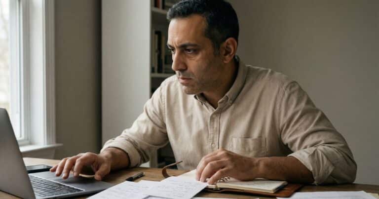 best AI tools for small businesses, founder reviewing messy meeting notes in home office morning light