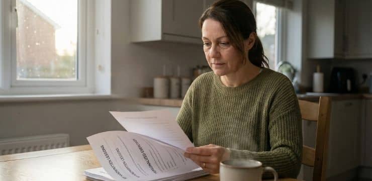 Spanish teacher reviewing hand-crafted workbook pages at kitchen table in soft morning light