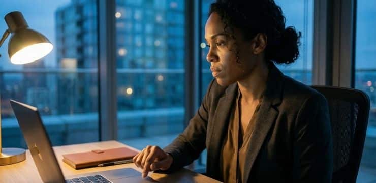 Black woman hesitating before pressing send on laptop proposal inside modern office at dusk