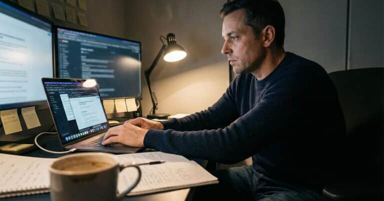 ChatGPT course outline workflow frustration, creator overwhelmed by multiple AI tools in home office at night