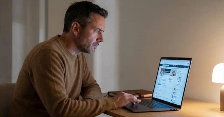 Creator frustrated editing AI LinkedIn post at night in minimalist home office