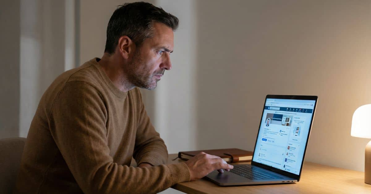 Creator frustrated editing AI LinkedIn post at night in minimalist home office