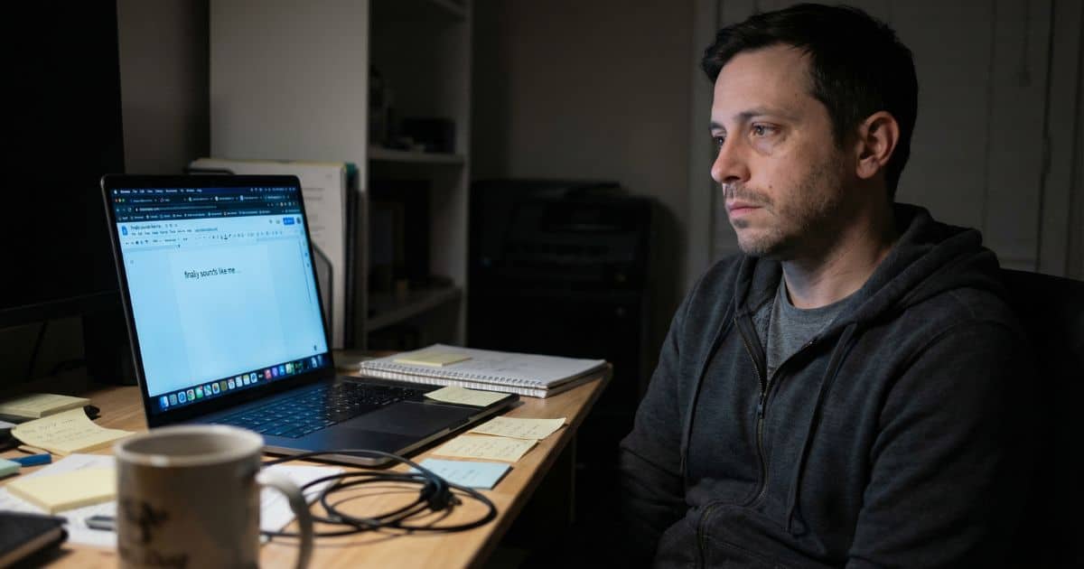 AI content agent for creators scene showing male creator at laptop at night with tangled cables in home office