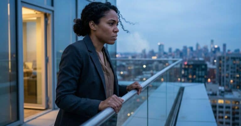 Fear before big decision, Black woman gripping rooftop railing at dusk overlooking city skyline