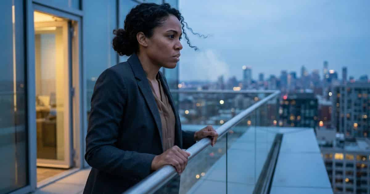Fear before big decision, Black woman gripping rooftop railing at dusk overlooking city skyline