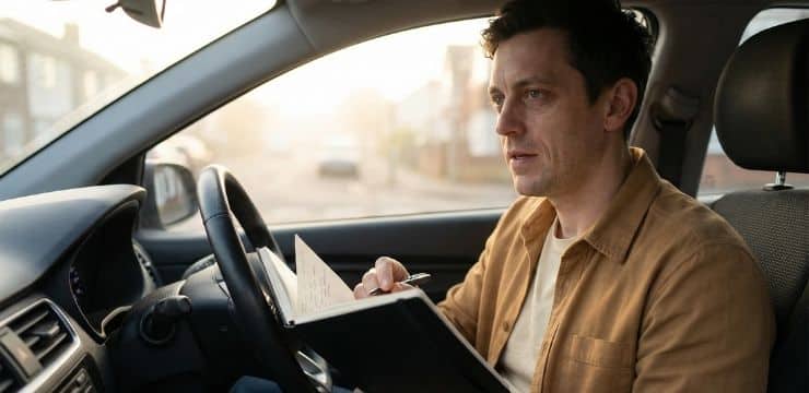 Gamma AI course creator writing presentation outline in parked car at sunrise moment