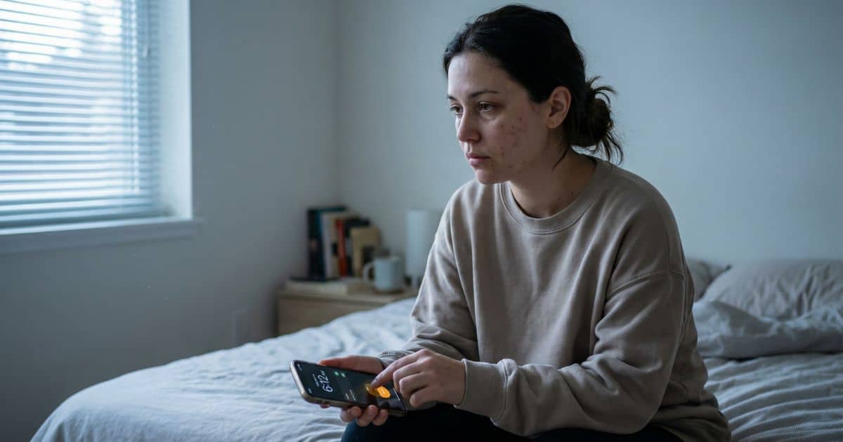 Discipline vs motivation scene, woman hesitating in bed with phone alarm at early morning light