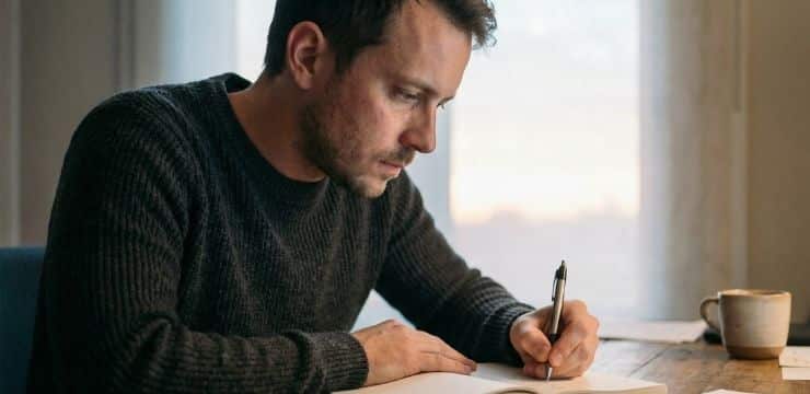 creative breakthrough at dawn, male writer focused on notebook in softly lit home office setting