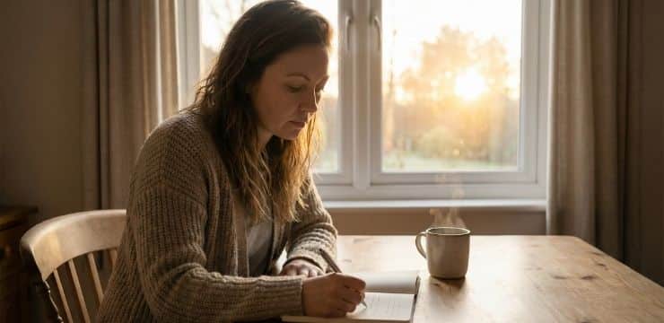 Woman entrepreneur writing in notebook at sunset desk after resetting focus from overwhelming workday