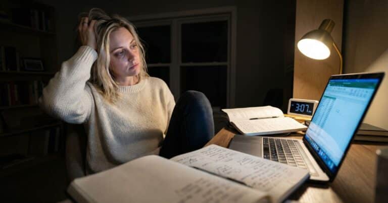 Entrepreneur at 3 AM staring at laptop spreadsheet in dim home office, questioning whether to quit