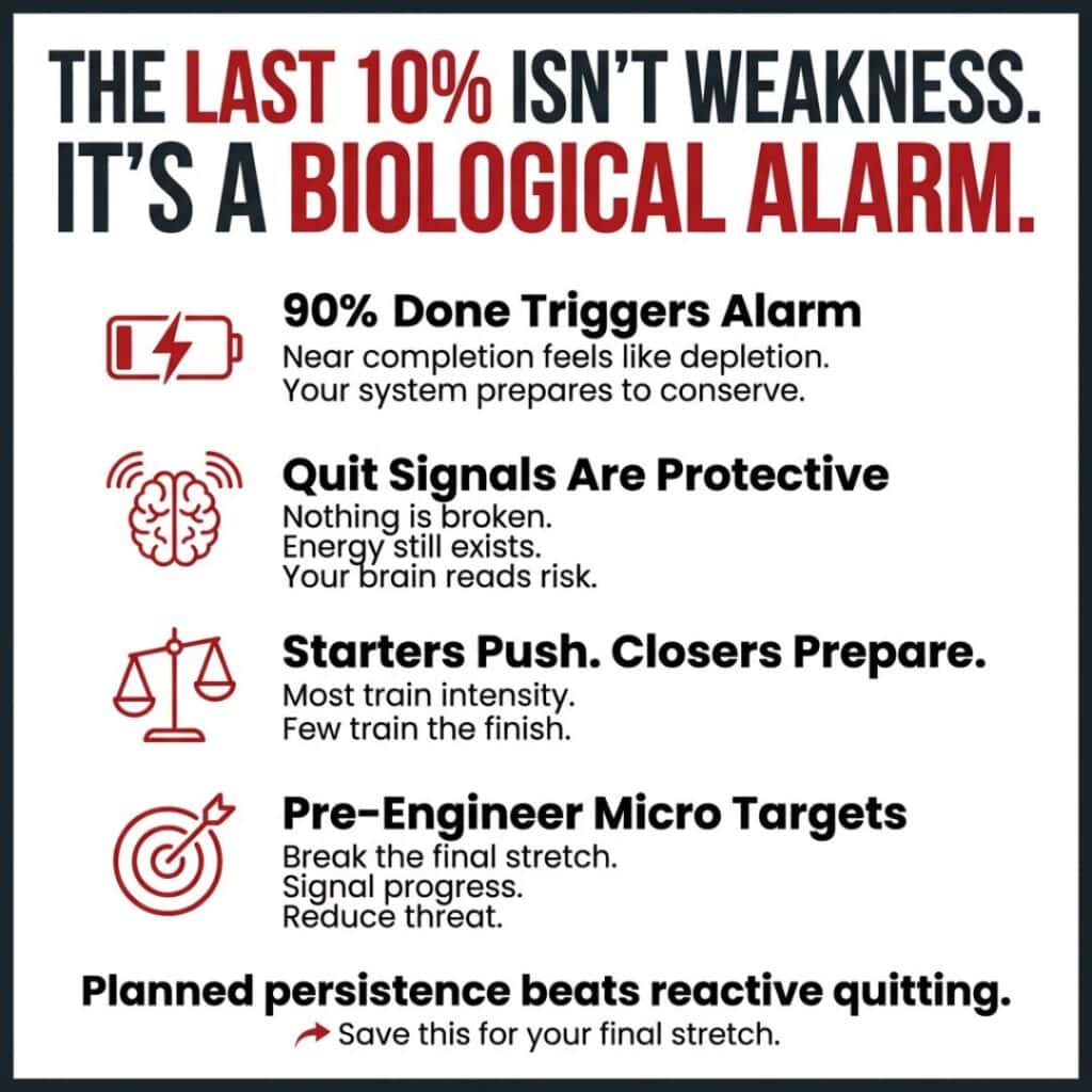 Final mile fatigue psychology infographic showing how the brain triggers quit signals near completion