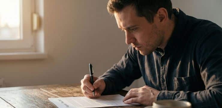 entrepreneur hesitating at 90 percent proposal completion in dim night office setting