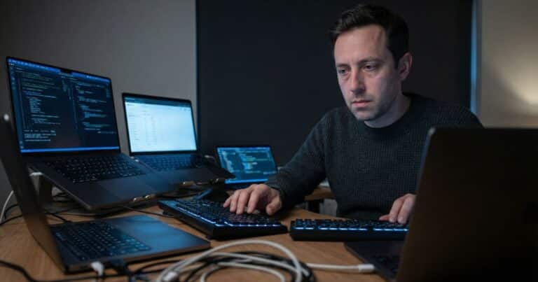 AI production friction scene with founder juggling five screens in dim office workspace