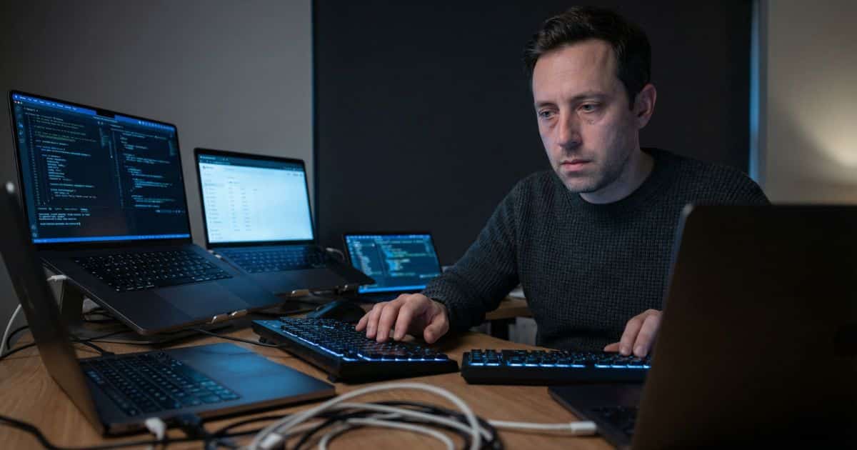 AI production friction scene with founder juggling five screens in dim office workspace