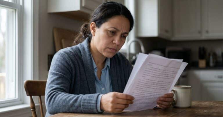 AI writing frustration, woman reviewing printed newsletter draft at kitchen table in early morning light