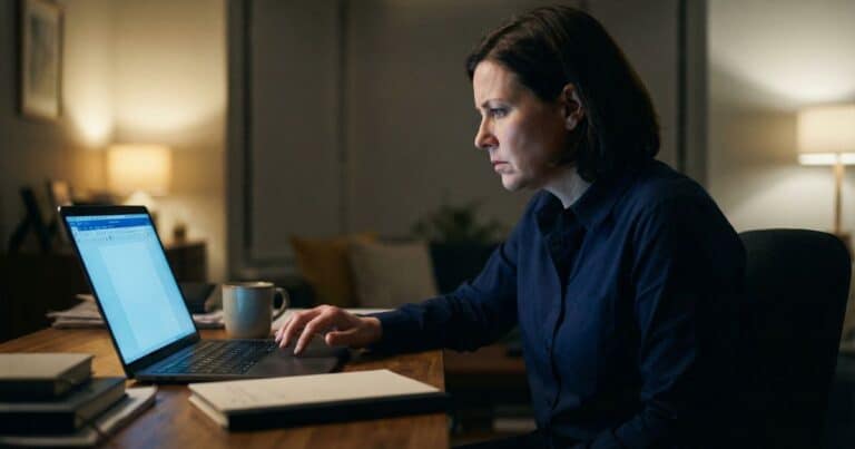 AI writing dependency concept, woman in home office at night staring at laptop with closed notebook beside her