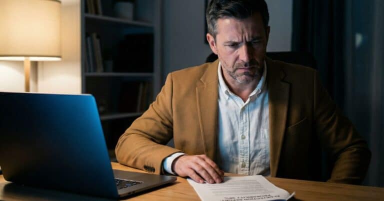 AI blog ethics concept, male creator reviewing AI detection report at night desk in home office