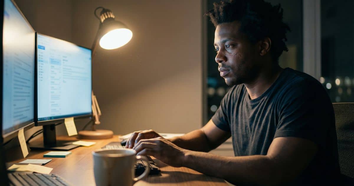 Founder answering customer support tickets alone in a dim home office late at night