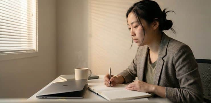 strategic morning routine, Asian female entrepreneur planning day in sunlit home office