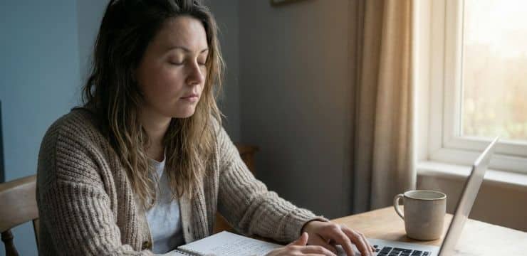 Small business owner facing overflowing email inbox at desk during mid-afternoon overwhelm