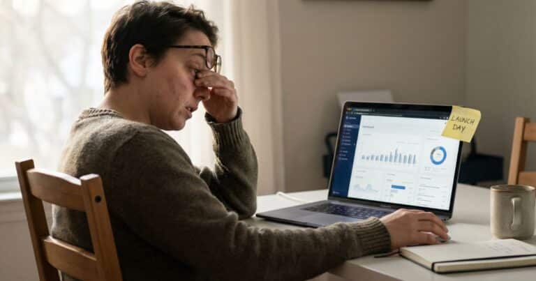 Motivational quotes for success concept showing founder staring at stagnant analytics dashboard in home office