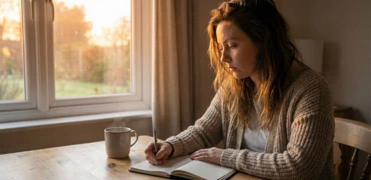 Female entrepreneur writing in notebook at sunset home office after regaining focus from busy workday
