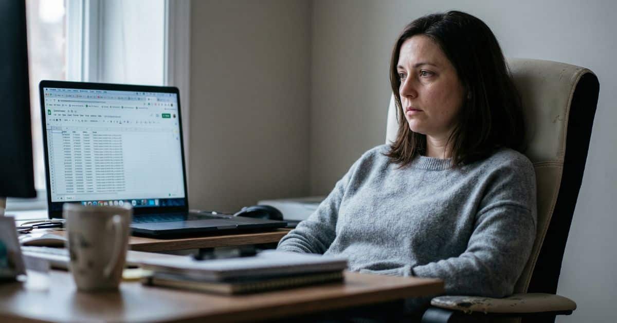 productivity quotes for focus, female creator overwhelmed by browser tabs and stagnant spreadsheet at 2 PM desk