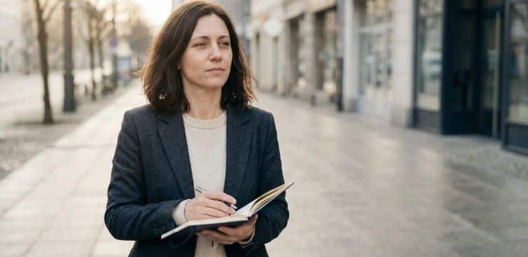 Female creator walking with notebook in morning light after deciding to rewrite vague AI prompts