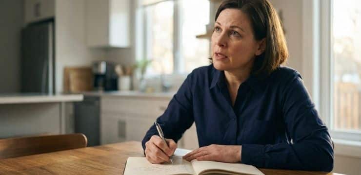 Strategic skill preservation concept, female content creator writing by hand at kitchen table in morning light rebuilding her voice