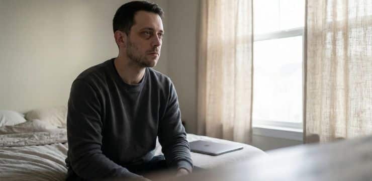 Resilience and rest concept, tired man sitting on bed in morning light choosing recovery over work