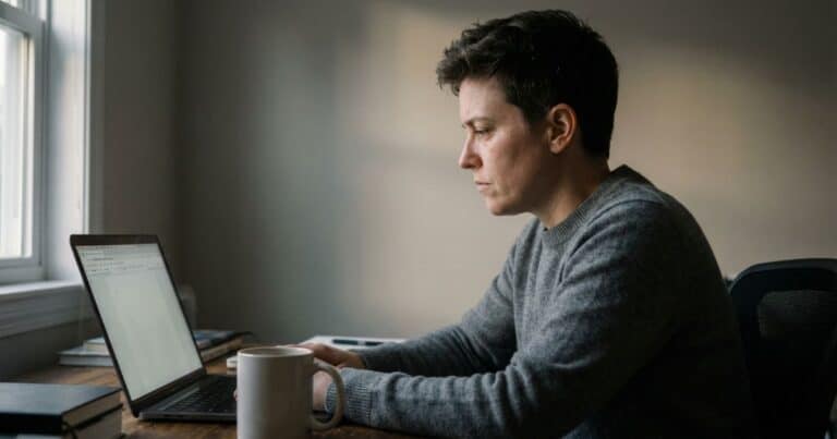 budget AI caption writing struggle, creator staring at blank laptop screen in dim home office with cold coffee